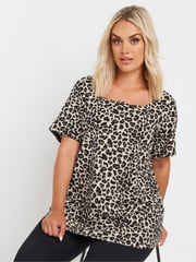 Yours Curve Natural Leopard Printed T-Shirt - Image 1 of 5