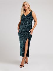 Yours Curve Green Sequin Velvet Maxi Slip Dress - Image 4 of 6