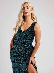 Yours Curve Green Sequin Velvet Maxi Slip Dress - Image 5 of 6