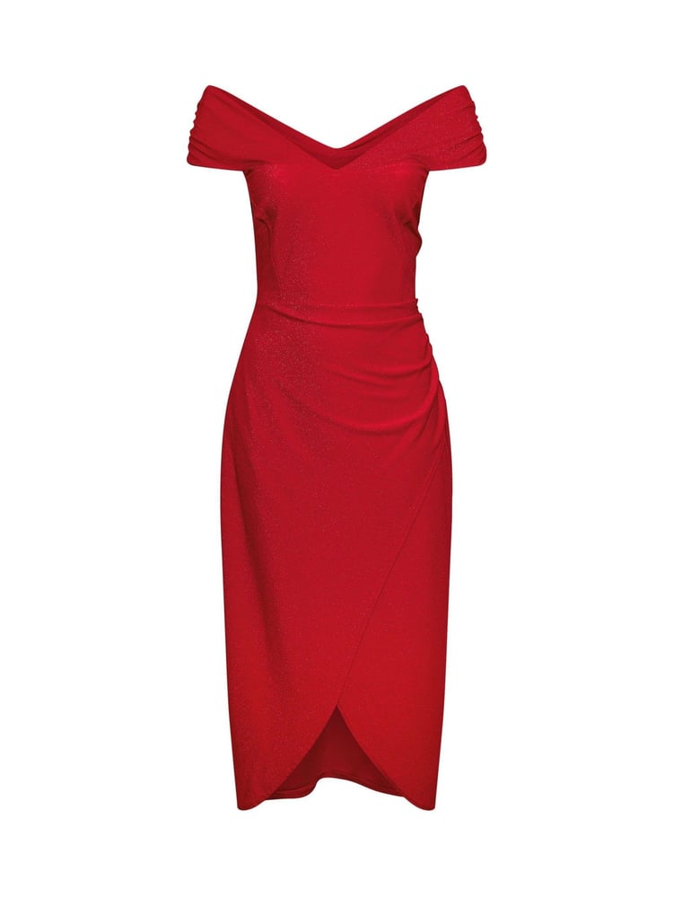 Yours Curve Red London Metallic Bardot Gathered Wrap Dress - Image 6 of 6