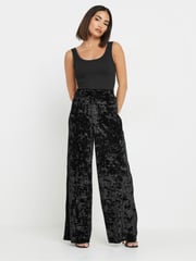 PixieGirl Petite Black Crushed Velour Wide Leg Trousers - Image 1 of 5