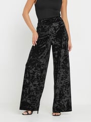 PixieGirl Petite Black Crushed Velour Wide Leg Trousers - Image 2 of 5