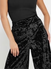 PixieGirl Petite Black Crushed Velour Wide Leg Trousers - Image 4 of 5
