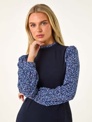 Roman Blue Petite Contrast Frill Neck Stretch Dress - Image 4 of 5