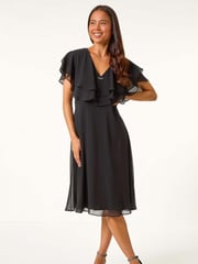 Roman Black Petite V-Neck Flare Trim Detail Cape Dress - Image 2 of 5