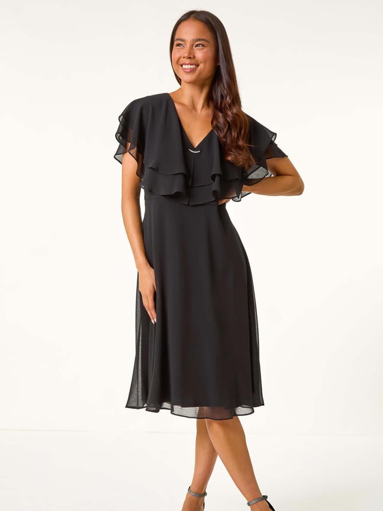 Roman Black Petite V-Neck Flare Trim Detail Cape Dress - Image 2 of 5