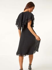 Roman Black Petite V-Neck Flare Trim Detail Cape Dress - Image 3 of 5
