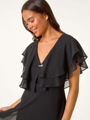 Roman Black Petite V-Neck Flare Trim Detail Cape Dress - Image 4 of 5