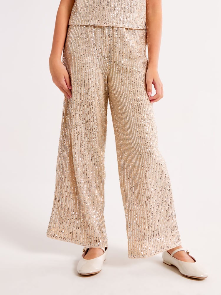 Abercrombie & Fitch Sequin Gold Occasion Party Wide Leg Trousers - Image 1 of 7