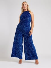 Yours Curve Blue Sequin Velvet Jumpsuit - Image 3 of 6