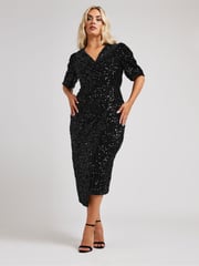 Yours Curve Black London Sequin Velvet Puff Sleeve Wrap Dress - Image 3 of 5