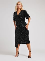 Yours Curve Black London Sequin Velvet Puff Sleeve Wrap Dress - Image 4 of 5