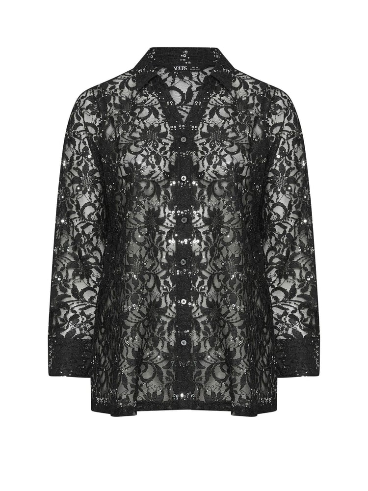 Yours Curve Black Sequin Lace Shirt - Image 6 of 6
