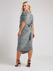 Yours Curve Grey London Sequin Velvet Puff Sleeve Wrap Dress - Image 2 of 4