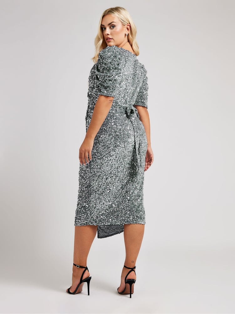 Yours Curve Grey London Sequin Velvet Puff Sleeve Wrap Dress - Image 2 of 4