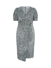 Yours Curve Grey London Sequin Velvet Puff Sleeve Wrap Dress - Image 4 of 4