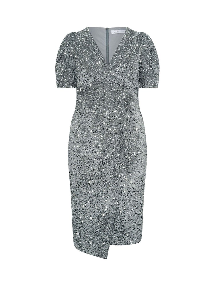 Yours Curve Grey London Sequin Velvet Puff Sleeve Wrap Dress - Image 4 of 4