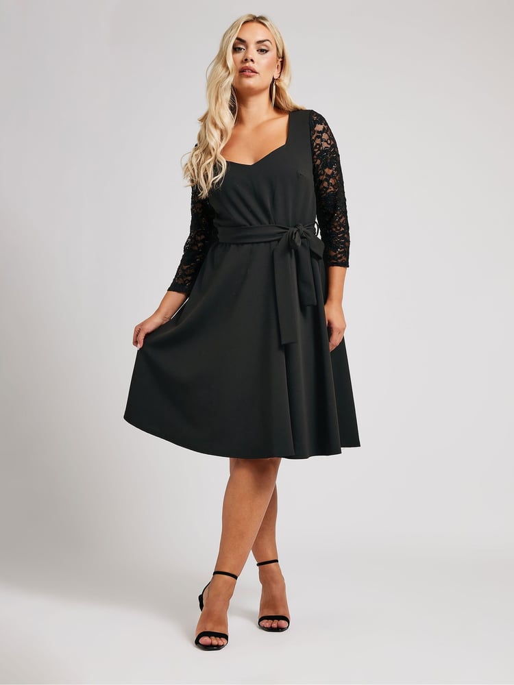 Yours Curve Black London Sequin Lace Sleeve Skater Dress - Image 1 of 5