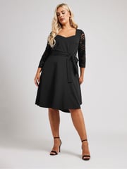 Yours Curve Black London Sequin Lace Sleeve Skater Dress - Image 2 of 5