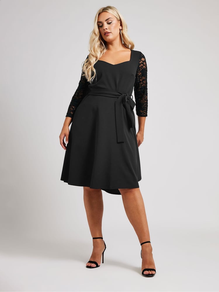 Yours Curve Black London Sequin Lace Sleeve Skater Dress - Image 2 of 5