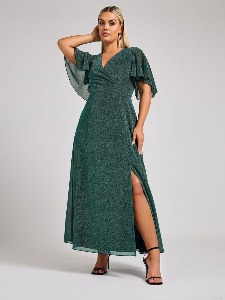Yours Curve Green London Metallic Wrap Maxi Dress - Image 1 of 5
