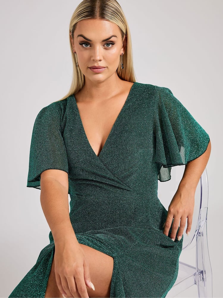 Yours Curve Green London Metallic Wrap Maxi Dress - Image 2 of 5