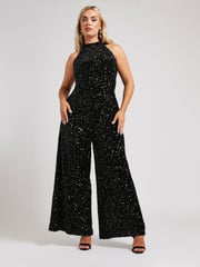 Yours Curve Black Sequin Velvet Jumpsuit - Image 2 of 6