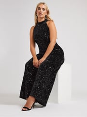 Yours Curve Black Sequin Velvet Jumpsuit - Image 3 of 6