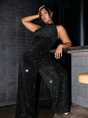 Yours Curve Black Sequin Velvet Jumpsuit - Image 5 of 6