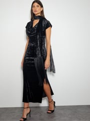 Monsoon Black Cece Crushed Velvet Cowl Midi Dress - Image 1 of 4