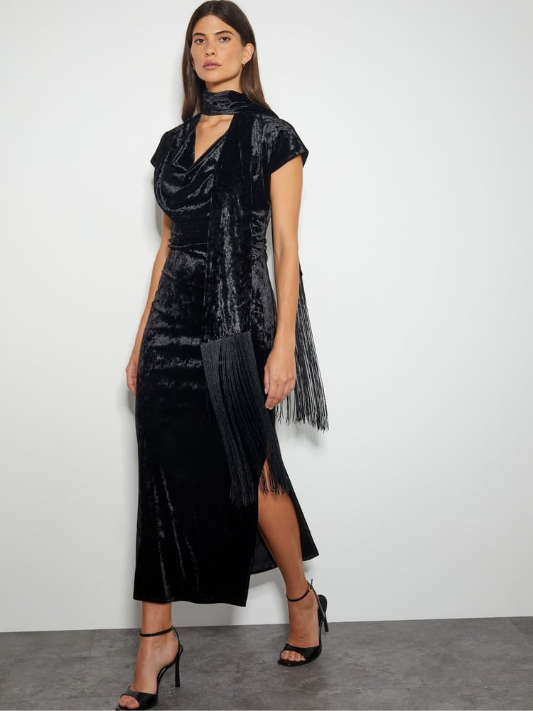 Monsoon Black Cece Crushed Velvet Cowl Midi Dress - Image 1 of 4