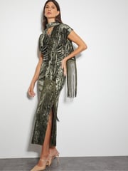 Monsoon Green Cece Crushed Velvet Cowl Midi Dress - Image 1 of 4