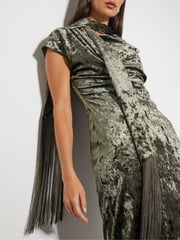 Monsoon Green Cece Crushed Velvet Cowl Midi Dress - Image 4 of 4