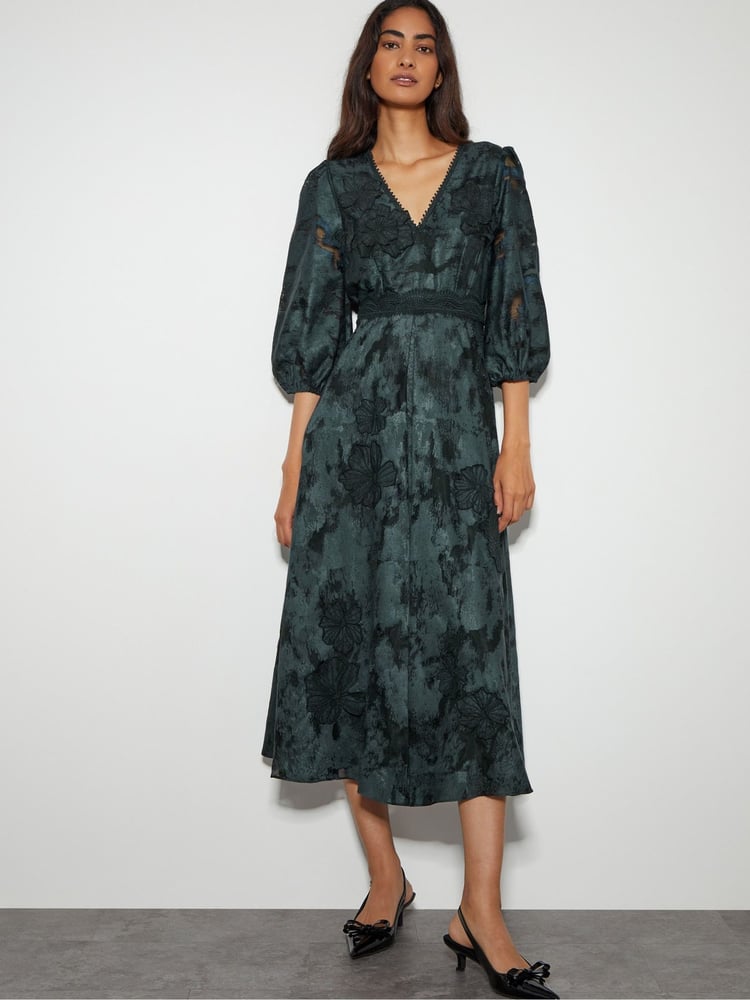 Monsoon Green Joanna Floral Lace Midi Tea Dress - Image 1 of 4