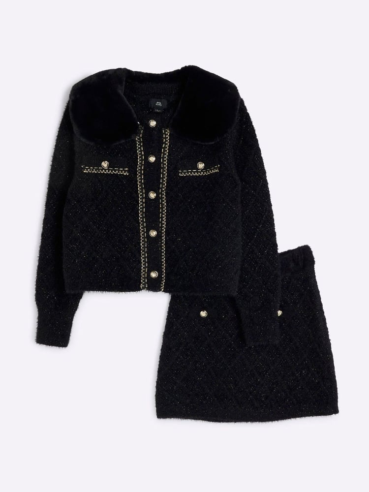 River Island Black Girls Sequin Chain Cardigan Set - Image 1 of 4