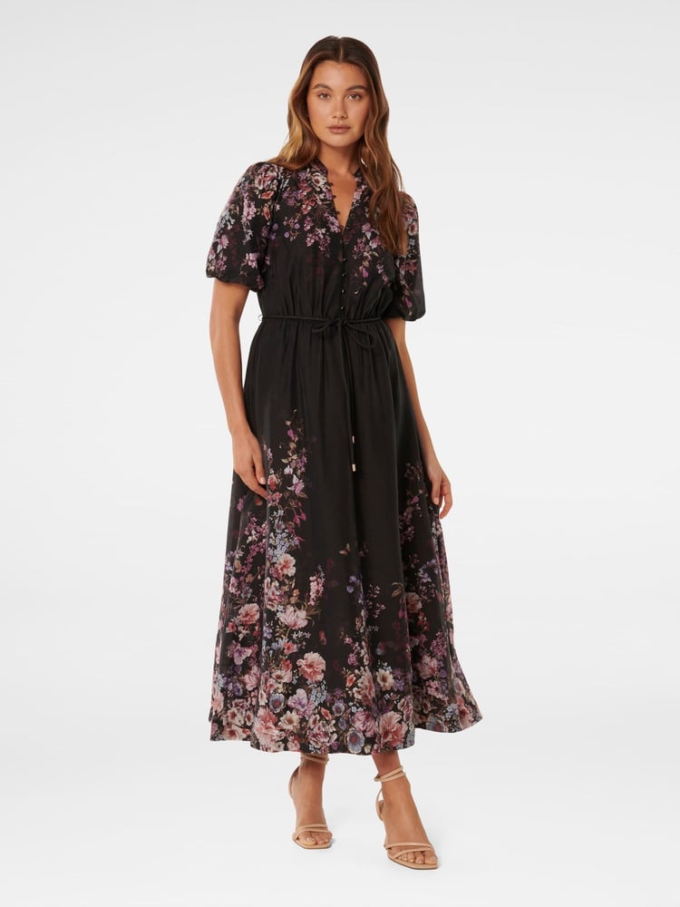 Forever New Black Adele Printed Midi Dress with a touch of Linen - Image 1 of 3