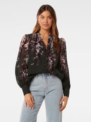Forever New Black Parker Placement Print Top With a Touch of Linen - Image 1 of 4