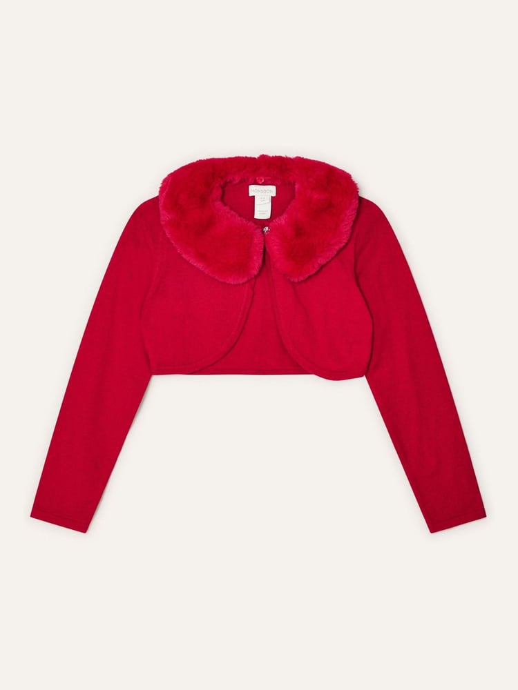 Monsoon Red Supersoft Faux Fur Collar 100% Cotton Cardigan - Image 1 of 3 Monsoon Red Supersoft Faux Fur Collar 100% Cotton Cardigan - Image 1 of 3