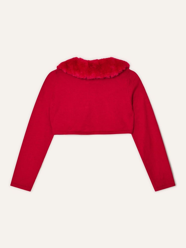 Monsoon Red Supersoft Faux Fur Collar 100% Cotton Cardigan - Image 2 of 3 Monsoon Red Supersoft Faux Fur Collar 100% Cotton Cardigan - Image 2 of 3