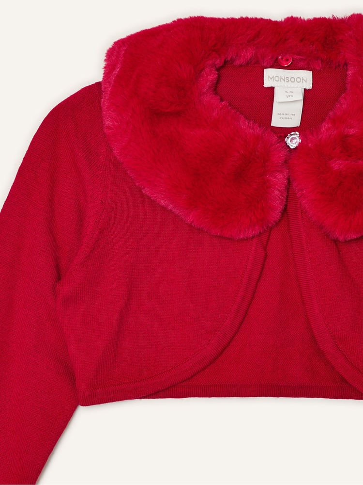 Monsoon Red Supersoft Faux Fur Collar 100% Cotton Cardigan - Image 3 of 3 Monsoon Red Supersoft Faux Fur Collar 100% Cotton Cardigan - Image 3 of 3