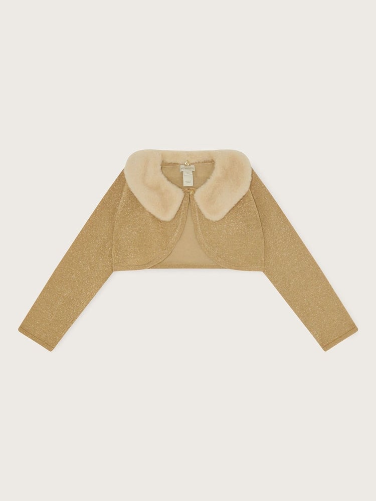 Monsoon Gold Supersoft Faux Fur Collar 100% Cotton Cardigan - Image 1 of 3 Monsoon Gold Supersoft Faux Fur Collar 100% Cotton Cardigan - Image 1 of 3