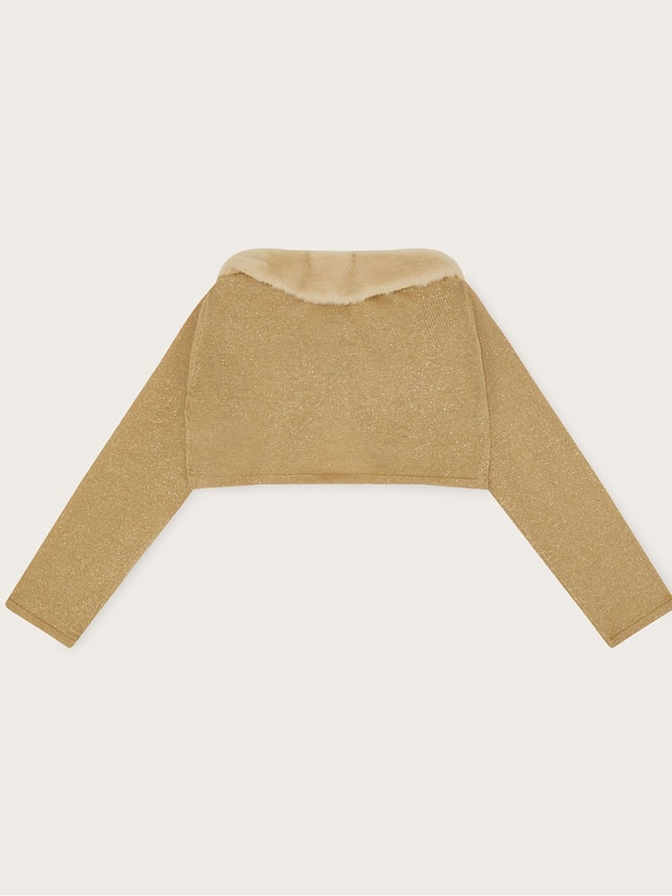 Monsoon Gold Supersoft Faux Fur Collar 100% Cotton Cardigan - Image 2 of 3 Monsoon Gold Supersoft Faux Fur Collar 100% Cotton Cardigan - Image 2 of 3