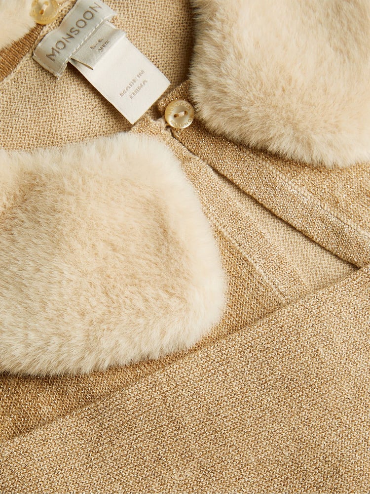 Monsoon Gold Supersoft Faux Fur Collar 100% Cotton Cardigan - Image 3 of 3 Monsoon Gold Supersoft Faux Fur Collar 100% Cotton Cardigan - Image 3 of 3