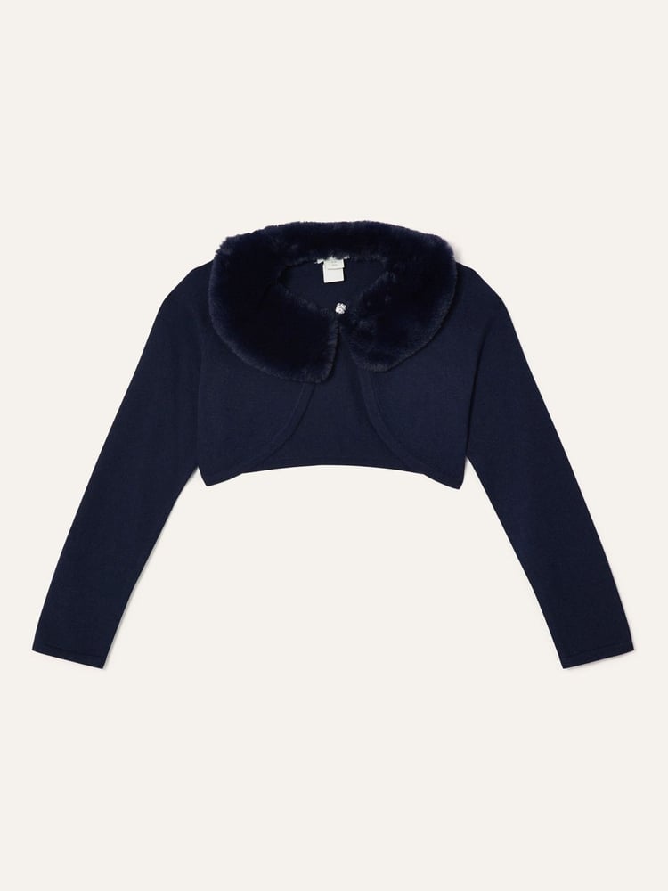 Monsoon Blue Supersoft Faux Fur Collar 100% Cotton Cardigan - Image 1 of 3 Monsoon Blue Supersoft Faux Fur Collar 100% Cotton Cardigan - Image 1 of 3