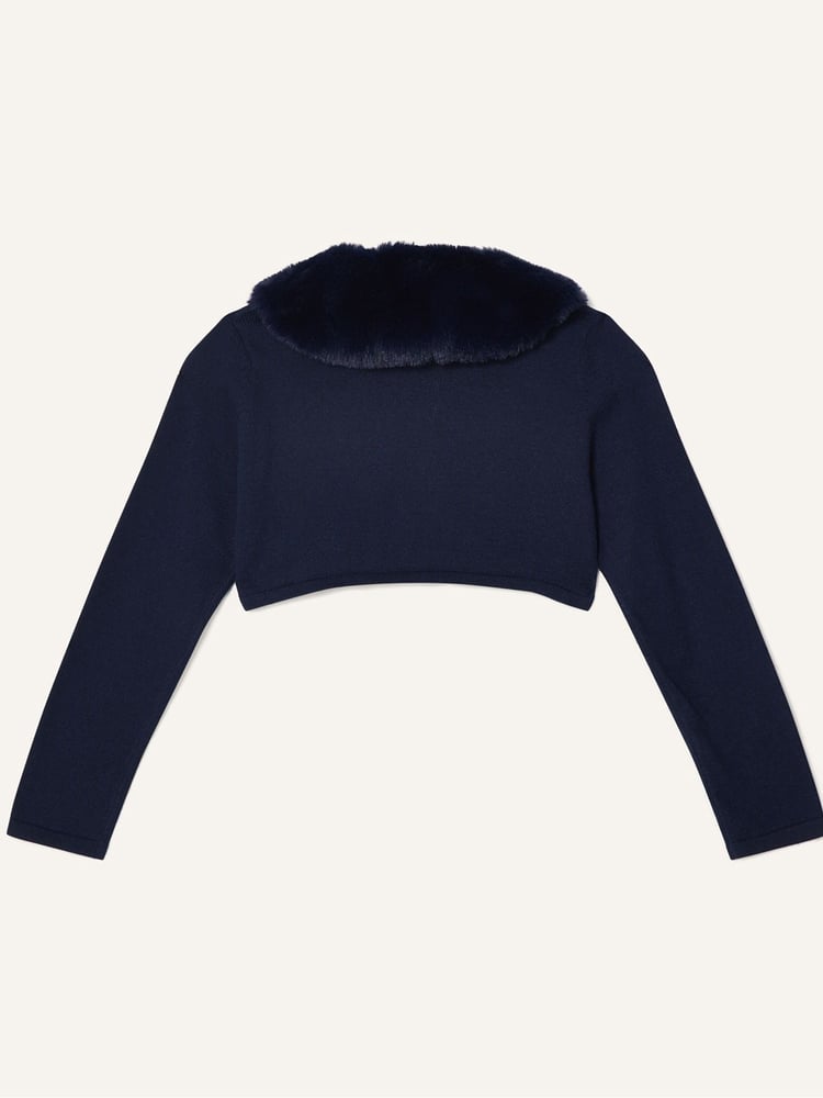 Monsoon Blue Supersoft Faux Fur Collar 100% Cotton Cardigan - Image 2 of 3 Monsoon Blue Supersoft Faux Fur Collar 100% Cotton Cardigan - Image 2 of 3