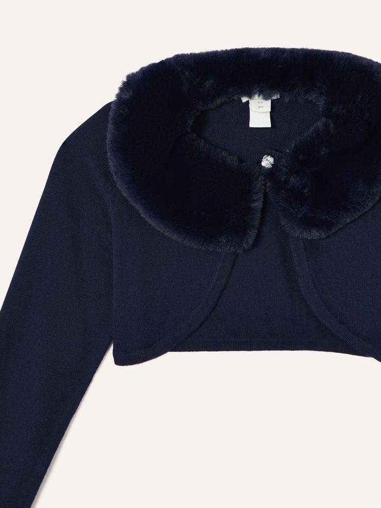 Monsoon Blue Supersoft Faux Fur Collar 100% Cotton Cardigan - Image 3 of 3