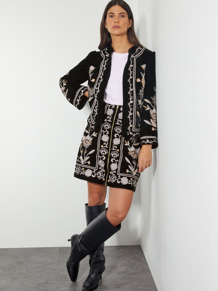 Monsoon Black Phoebe Embroidered Velvet Mini Skirt - Image 1 of 4