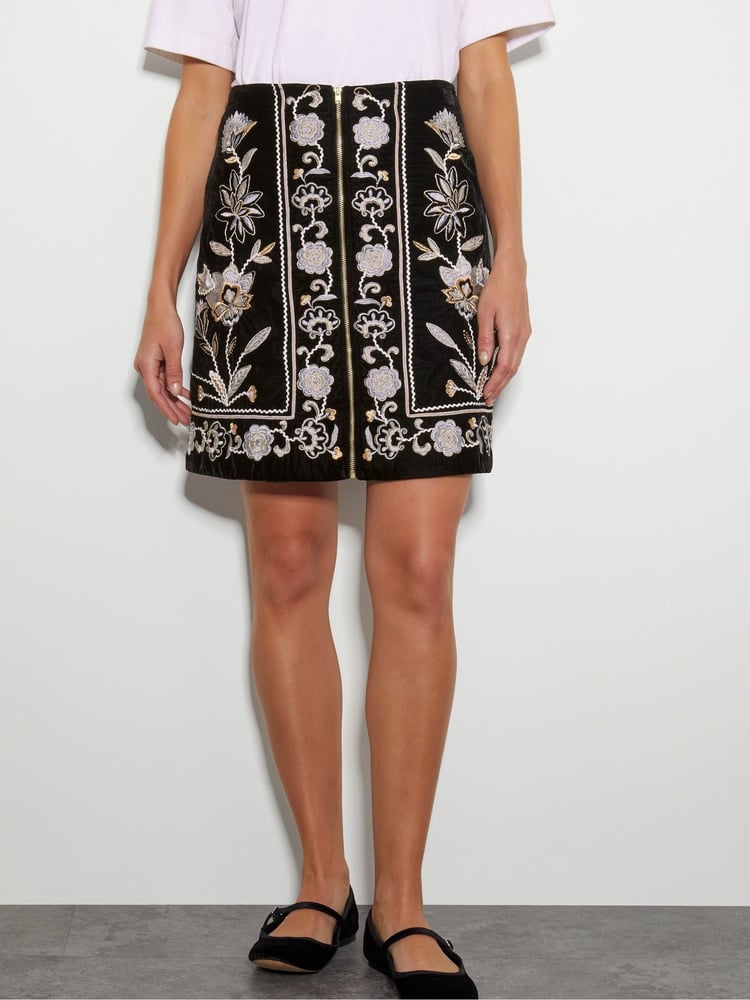 Monsoon Black Phoebe Embroidered Velvet Mini Skirt - Image 2 of 4
