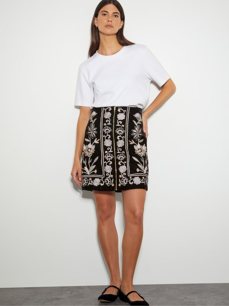 Monsoon Black Phoebe Embroidered Velvet Mini Skirt - Image 4 of 4