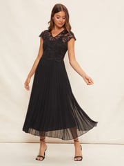Friends Like These Black V-Neck Pleated Lace Midi Dress - Image 1 of 4